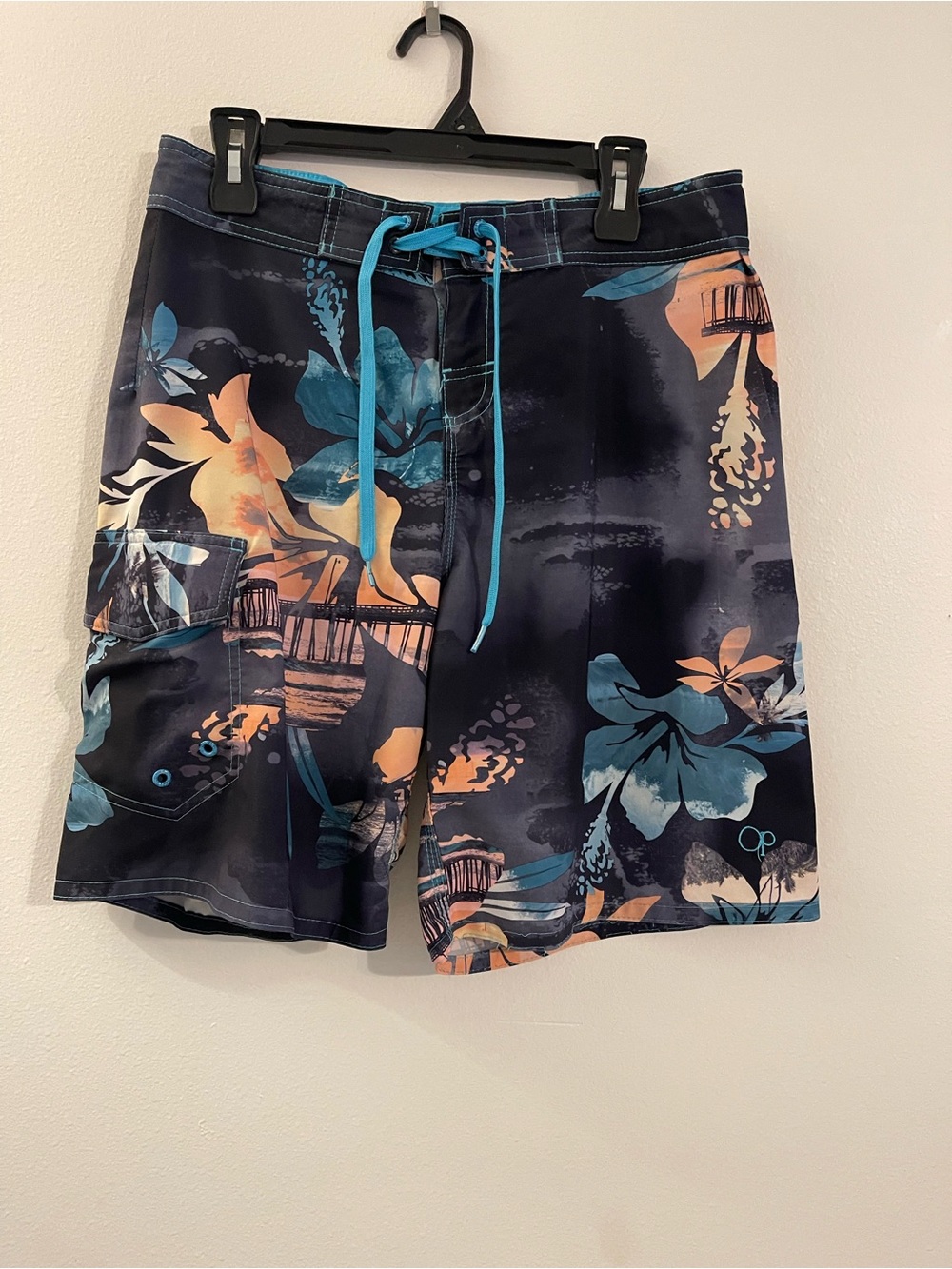 OP Men’s Navy Floral Board Shorts with Teal Drawstring